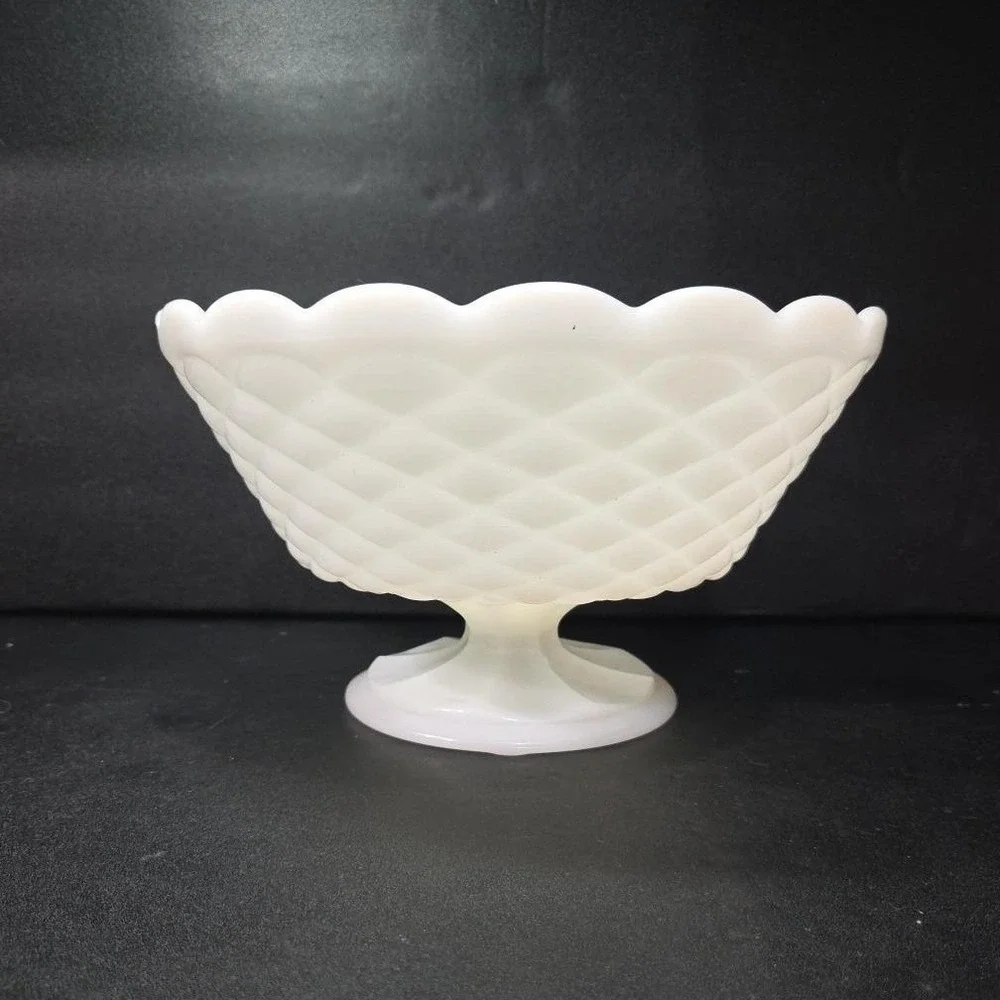 Milk Glass Diamond Quilt Footed Fruit Bowl, Vintage White Pedestal Compote